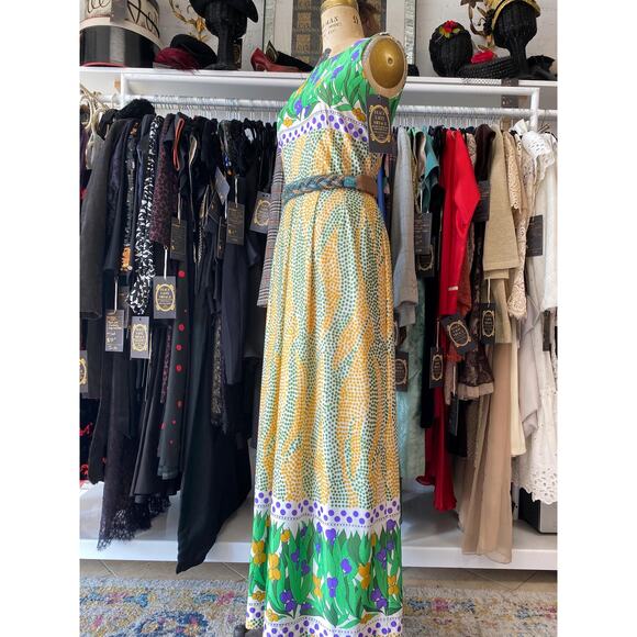 vintage 1970s maxi dress green and yellow mod floral border print polka dot - Picture 5 of 10